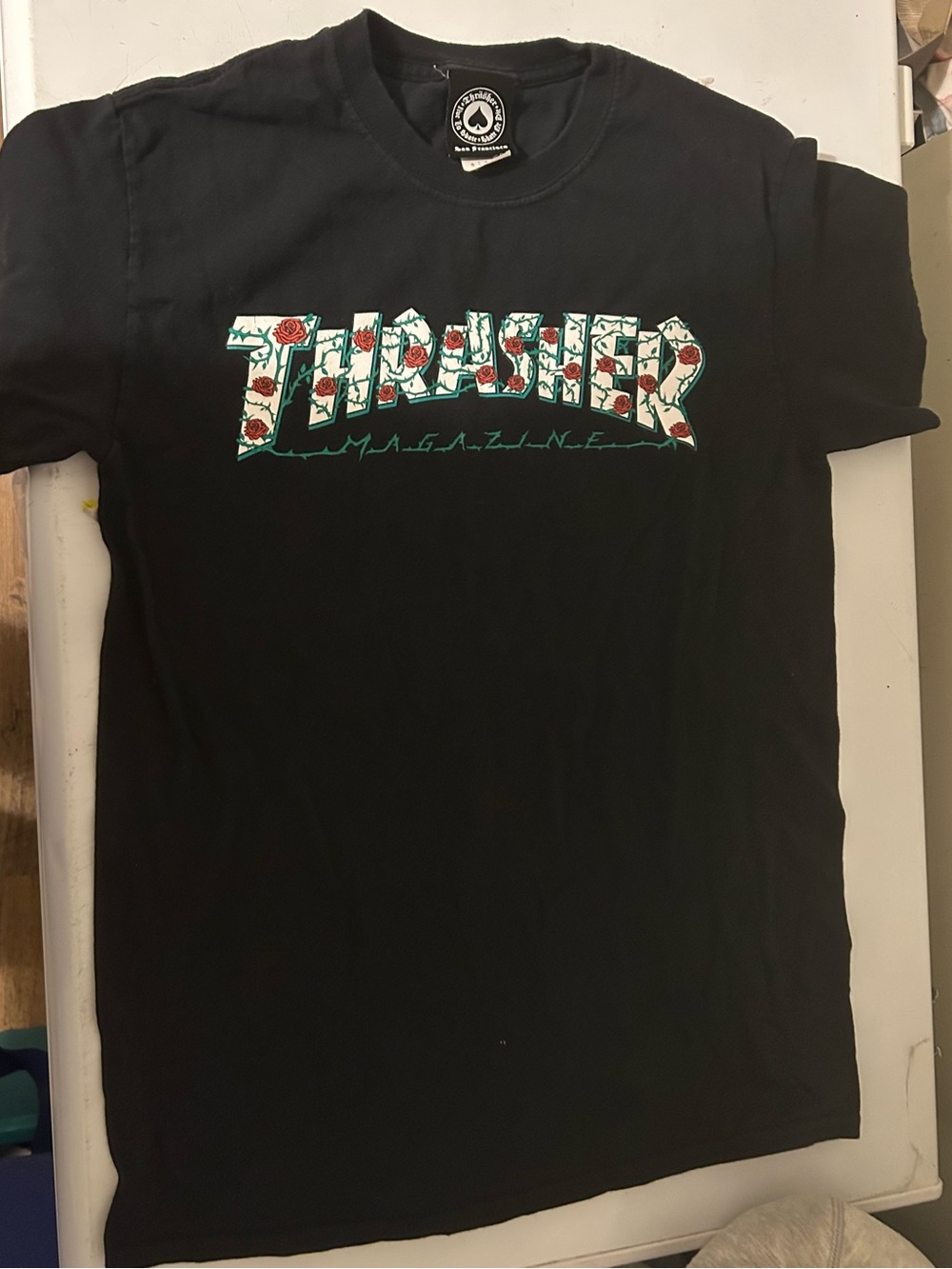 Thrasher Black T-Shirt with Red Rose and Green Accent Logo